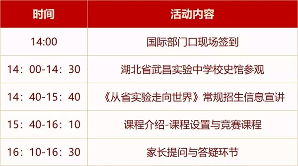 湖北省武昌实验中学国际部首场招生说明会活动流程图